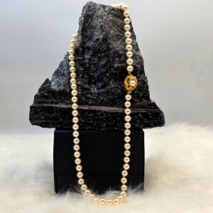 Vintage Cream Faux Pearl Necklace with Double Slide Clasp & Gold Tone Pendant